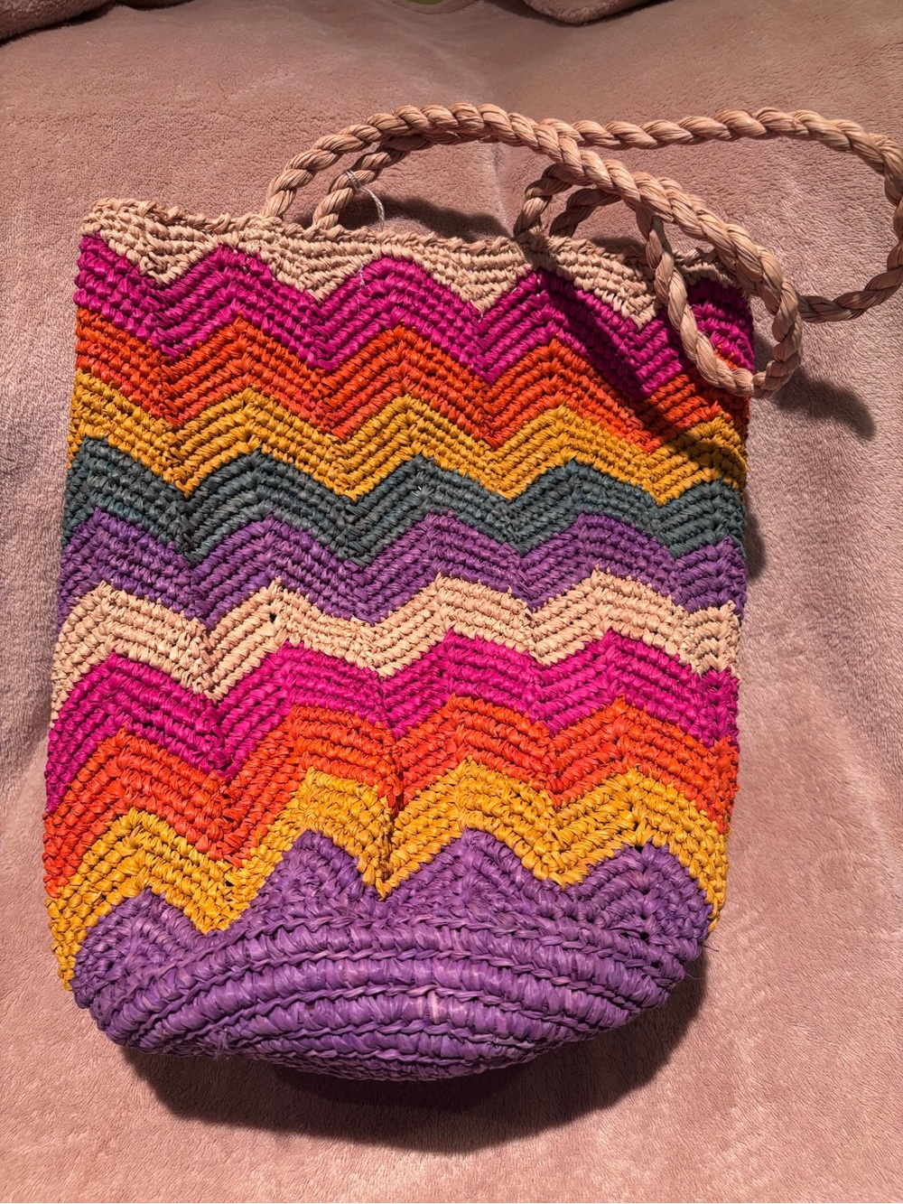 Mar Y Sol Handmade Chevron Raffia Tote Bag NWT – Colorful Rainbow Bag - Picture 9 of 11